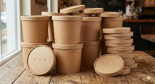 Générique Lot de 100 Grands Pots à Soupe en Carton Kraft + Couvercles - 750 ml (26 oz) - Bol Jetable XXL pour Repas Complets, Salades Géantes, Ramen - Emballage Alimentaire Étanche et Écologique
