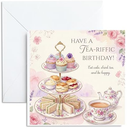 UNMOT Afternoon Tea Birthday Card, 14.5 x 14.5 cm with Envelope | Tea and cake artwork with a gentle pun, blank inside for mum, nan, friend, sister or daughter.