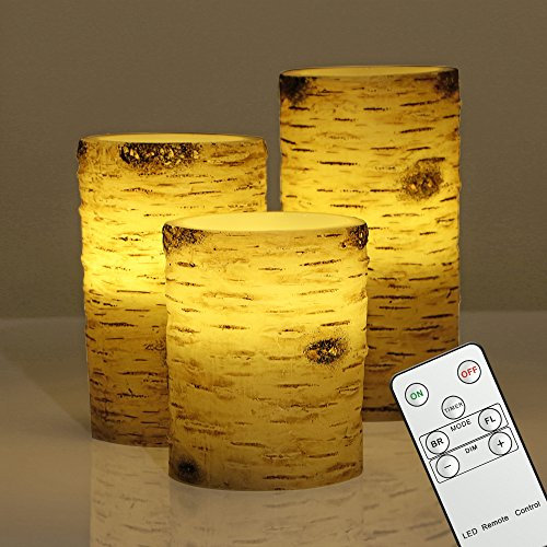 3er LED Kerzen Echtwachskerze mit Timer & Fernbedienung, Dimmbar, Flammenlose Batterie im Birkenstämme Design (Leuchtdauer von 100 Stunden, Warmweiß) 10cm, 12,5cm, 15cm