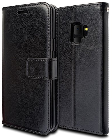 TECHGEAR Galaxy S9 Case - Leather Wallet Flip Protective Case Cover with Card Slots, Kickstand and Wrist Strap - Black PU Leather Compatible with Samsung Galaxy S9