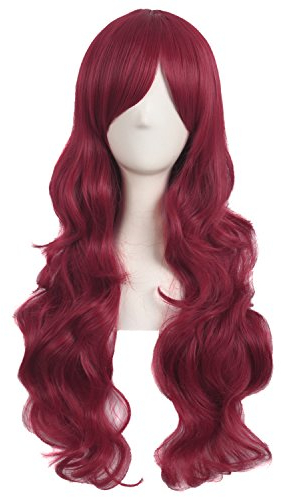 MapofBeauty 28 Zoll/70cm Seitenscheitel Pony Charmante Frauen Lange Lockige Volle Haar Gewellt Perücke (Blood Rot)