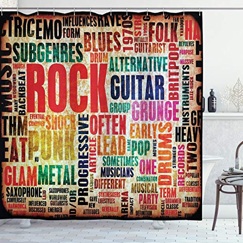 ABAKUHAUS Musik Duschvorhang, Musik Rock 'n' Roll-Plakat, Stoffliches Gewebe Badezimmerdekorationsset mit Haken, 175 x 180 cm, Blasser Rost Mehrfarbig