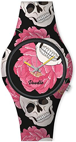 Doodle Watch Damenuhr Santa Muerte Mood Tattoouhr Totenkopf Skull Blumen Schwarz Pink DO35013