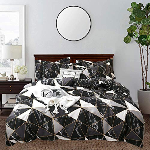 CLOTHKNOW Schwarzes Marmor-Bettwäsche-Set, Queen Geometrisches Karomuster, Bettbezug-Set für Jungen, Herren, Teenager, Erwachsene, schwarze Tröster mit 2 Kissenbezügen für Jungen und Herren, Geschenk