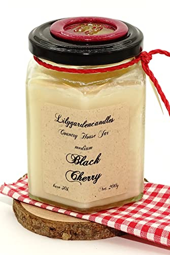 Lilygardencandles Duftkerze Schwarze Kirsche im Landhaus-Glas mittel / 100% Sojawachskerze / 50+ Stunden Brennzeit/EIN intensiver Kirschduft