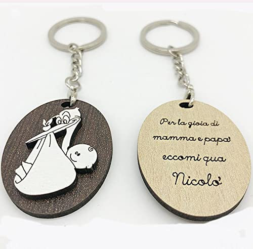 Ovale Schlüsselanhänger aus Holz mit Aufschrift „Storch und Baby“, personalisierbar mit Namen, Gastgeschenk für Geburt, Jungen, Mädchen (ohne Personalisierung, mit grüner Verpackung)