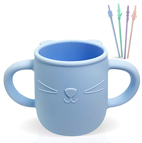 Brunoko Vaso con Asas Infantil y Pajitas de Silicona - Vasito Entrenador para Bebés con 4 Pajitas Reutilizables - Seguro en Lavavajillas y Microondas/Pajita de Silicona Suave para una Bebida más Fácil