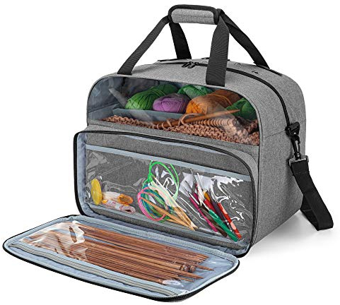 Teamoy Knitting Storage Bag, Portable Yarn Storage Tote Bag for Yarn, Unfinished Project, Knitting Needles (Up to 14/35.5cm) or Other Knitting Accessories, Grey(Patent Pending)