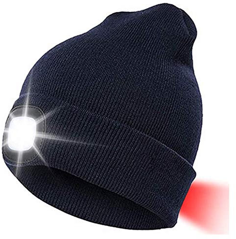 INHDBOX LED Mütze Kappe, Strickmütze mit USB Nachladbare Licht, Beleuchtung und blinkende Warnungs-Arten 8 LED, einfache Installation Vorne Hinten Scheinwerfer-Mütze, Unisex-Winterwärmer-Strickkappe