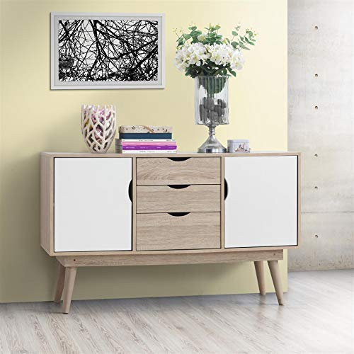 Timber Art Design UK Alford Sideboard Storage Cupboard with 2 Doors & 3 Drawers Compact Organizer Unit For Dining Room, Living Room in Sonoma Oak Wood Effect & White - W125cm x H77cm x D45cm