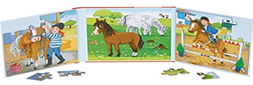 Goki 57383 Puzzle Reiterhof 17,3 x 17,3 x 1,2 cm, 2 x 20 Teile, 2 Motive, magnetisch