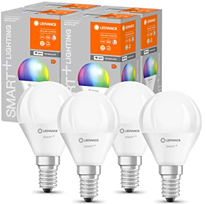 LEDVANCE Smarte LED-Lampe mit WiFi Technologie, Sockel E14, Dimmbar, Lichtfarbe änderbar (2700-6500K), RGB Farben änderbar, ersetzt Glühlampen mit 40 W, SMART+ WiFi Mini Bulb Multicolour, 4er-Pack