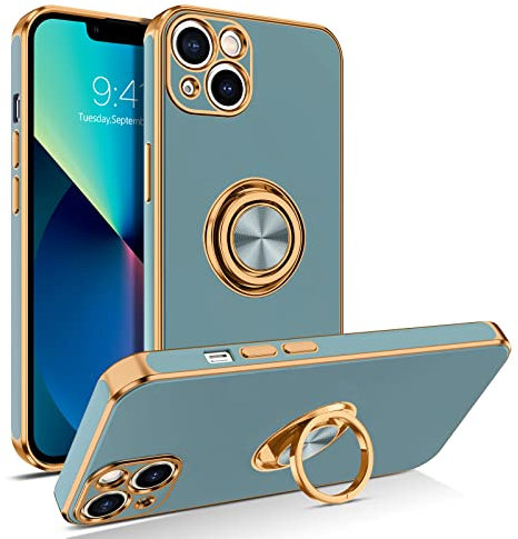 BENTOBEN for iPhone 13 Case with Ring, Phone Case for iPhone 13, Holder Edge Plating Rotation Kickstand Soft Silicone TPU Bumper Slim Flexible Shockproof Protective Cover for iPhone 13-6.1 Inch Gray