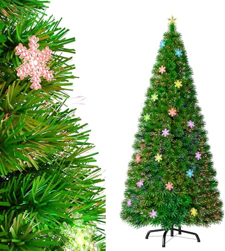XMTECH Sapin de Noël artificiel, avec fibres optiques et flocons de neige, LED multicolore à changement de couleur, pour la décoration de Noël intérieure, 210 cm