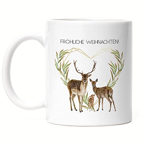 Hey!Print Fröhliche Weihnachten Tasse Weiß Geschenkidee Rentier-Fans Reh-Kids Süßes Motiv für Weihnachten für Familie Freunde