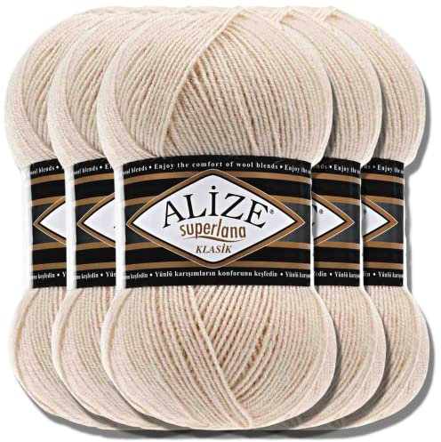 Hobby YARN Alize Superlana Klasik 5 x 100 g Türkische Premium Wolle Baumwolle und Acryl Uni Handstrickgarne Yarn Garn Strickgarn Baby zum Stricken Strickgarn (Honey | 310)