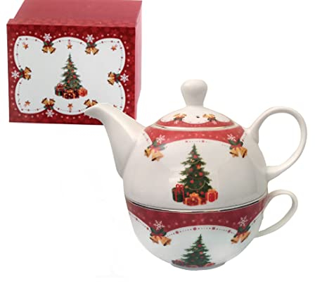 Juego de tetera-taza-infusor con árbol de Navidad 16 cm de porcelana con caja regalo Nàvel