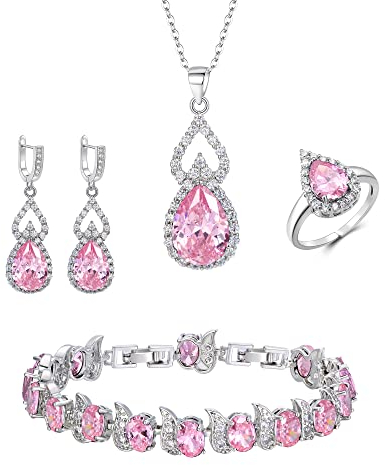Clearine Schmuck-Set für Damen versilbert rosa Teardrop kubischer Zirkon Halskette offen verstellbaren Ring Ohrringe Armband-Set für Hochzeit/Jubiläum/Muttertag