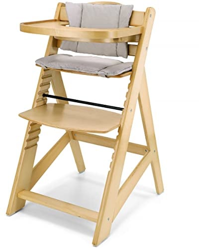 Moby-System Woody Kinderhochstuhl Holz - Mitwachsender Kinder Hochstuhl mit Essbrett, Kissen & 3-Punkt-Gurt - Höhenverstellbar ab 6 Monaten bis 15 kg - Massivholz Erle