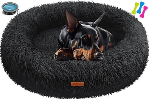 Lovpet® Hundebett Hundekissen Katzenbett Bagel, Waschbar, Inkl. Napf + 3X Kauknochen, Hundesofa flauschig Kissen Rund aus Plüsch für Kleine, Mittelgroße & Große Hunde, Katzen [4XL, Ø 120cm Schwarz]