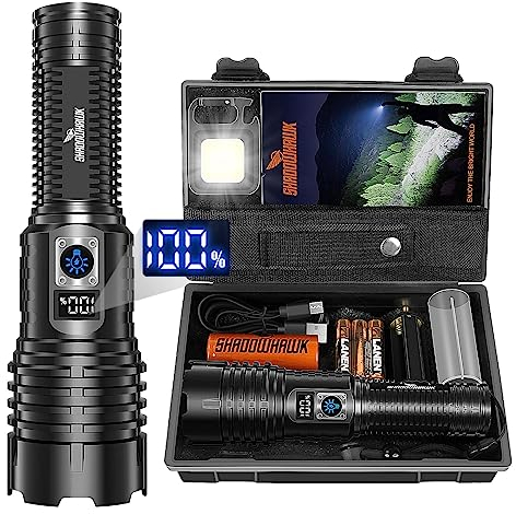 Shadowhawk Lampe Torche LED Ultra Puissante, 500000 Lumens Lampe de Poche, XHM77.2 Lampe Torche Rechargeable USB, IP67 Étanche Lampe Torches, 5 Modes Flashlight pour Camping Randonnée Urgence