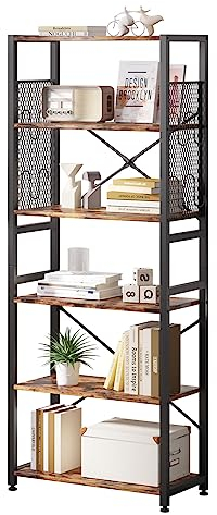 TREETALK 6 Tier Bookshelf, Standing Bookcase with 2 X-shape Strips,Metal Mesh Side Panels, 8 S-shaped Hooks, Industrial Storage Rack for Office, Living Room (Rustic Brown)