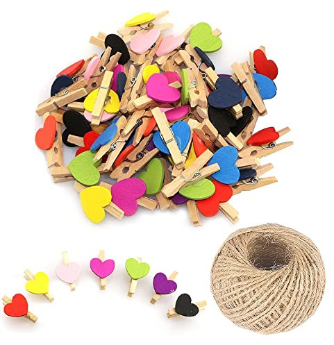 Lot de 50 mini pinces à linge en bois multicolores en forme de cœur de 3 cm, petites pinces à linge avec ficelle pour affichage de photos, loisirs créatifs, décoration de mariage et de fête prénatale