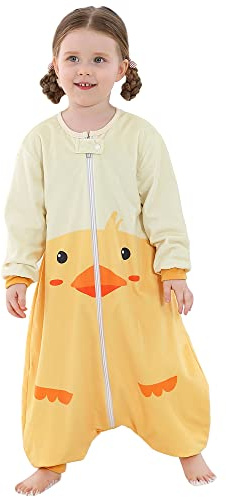 COOKY.D Langarm Kinder Schlafsack mit Füßen Cartoon Design Für Jungen & Mädchen,Ente 5-6 Jahre