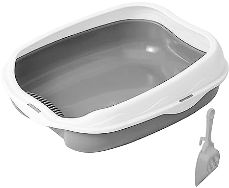 Fonowx Katzentoilette mit Schaufel, Katzenklo Offen mit Hohem Rand Groß, Katze WC, Katzensandkasten rutschfest, Schalentoilette Katze ohne Deckel, Cat Litter Tray für Kätzchen, Grau S 42x29x14cm