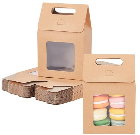 GOMAKERER 28pz Sacchetti Regalo In Carta, Sacchetti di Carta Burlywood con Finestra Trasparente Sacchetti con Manici Sacchetti Riutilizzabili per Festa Matrimonio Anniversario