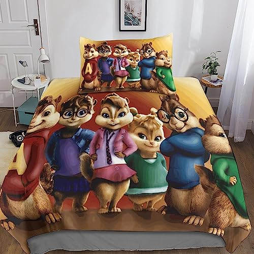 SUCREVEN Alvin Chipmunks 3D Bettwäsche Kinder Bettwäsche Mit Bettbezug and Kopfkissenbezüge,Cartoon Bettbezug Mit Mikrofaser Reißverschluss,weiche Bequemer Bettbezug 2 Teilig Single(135x200c