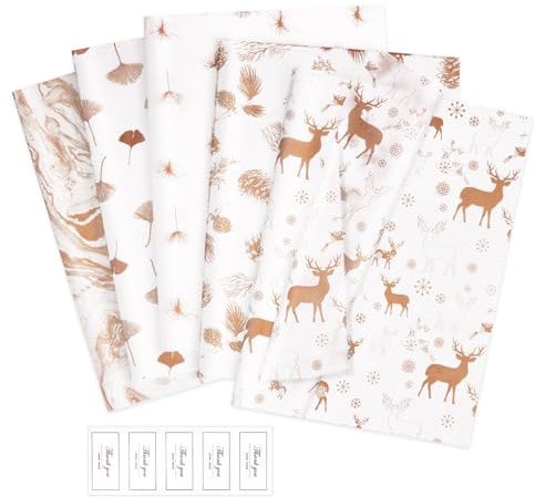 Larcenciel Christmas Tissue Paper 70X50cm, 50 Sheets Metallic Rose Gold Tissue Paper for Gift Bags & Wrapping Gifts, Reindeer Plant Patterned Gift Wrap for Xmas, New Year, Party, Anniversary