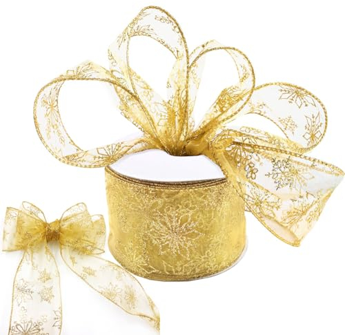 NOCHME Geschenkband Weihnachten Breit Mit Drah Glitzernde Schneeflocken Schleifenband Weihnachtsband Bänder Weihnachtsdeko Hochzeit Verpacken Basteln Schleifen 30 Feet Gold
