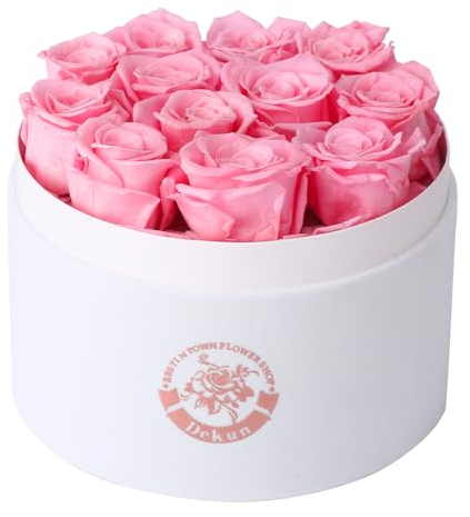 Dekun Rosen-Box Rund Ewige Rosenbox- 12 konservierte Rosen Rot in Box haltbar 1-3 Jahre - Geschenke für Mutter Freundin Ehefrau Oma; Geburtstag Valentinstag Ewige Blume (Rosa)