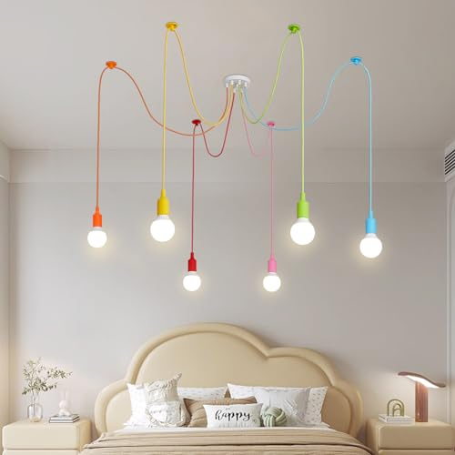 BRIMETI Pendelleuchte Kinderzimmer Hängeleuchte 6-flammig Pendellampe Esstischlampe Höhenverstellbar 160CM Bunte Kronleuchter für Küche Esszimmer DIY Dekorative max. 60 Watt (ohne Leuchtmittel)