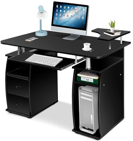 COSTWAY Wooden Computer Desk, Home Office PC Laptop Table Writing Workstation with 3 Drawers, Printer Shelf and Sliding Keyboard Tray, Modern Working Gaming Study Desk (Black)