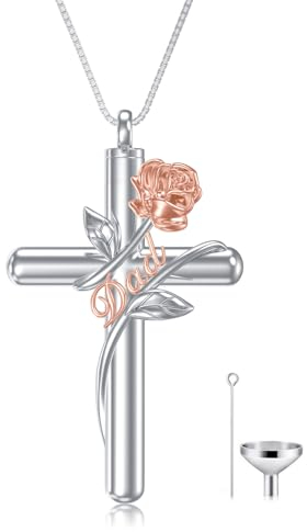Flpruy Damen Kreuz Urnenketten für Asche, Dad Kreuz Asche Urne Kette Anhänger Halskette mit Geschenkbox, Rose Kreuz Asche Schmuck Kette Geschenke für Frauen Mädchen Frauen