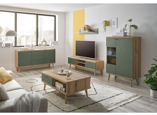 Lomadox Wohnzimmer komplett Set in Eiche mit grün Modern 5-teilig, Sideboard, Couchtisch, TV-Lowboard, Wandregal, Vitrine, iinkl. Beleuchtung