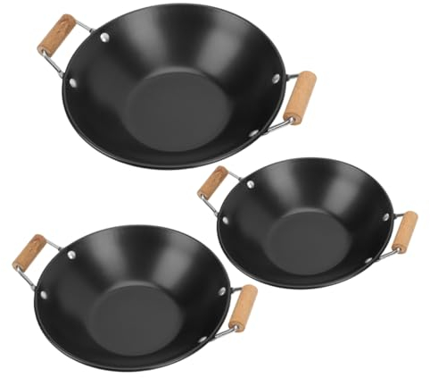 Cabilock 3 Piezas plancha de acero inoxidable sartén wok olla de fondue platos de frotamiento estufa olla seca charola para hornear uso diario olla con mango de madera España