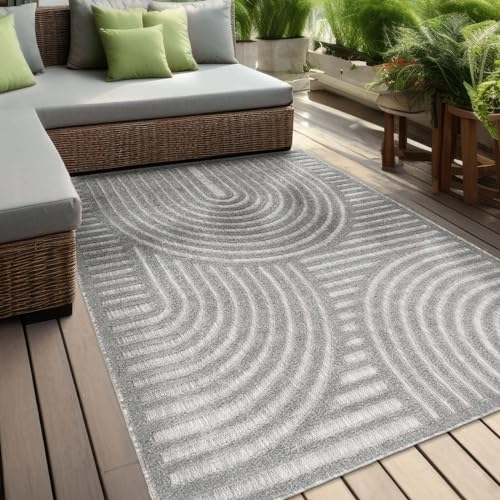 In & Outdoor Teppich Barcelona Wetterfest Balkon Boho Wohnzimmer Küche Skandinavisch Muster Einfarbig 3D Effekt Modern grau Kreise Welle 200x280 cm