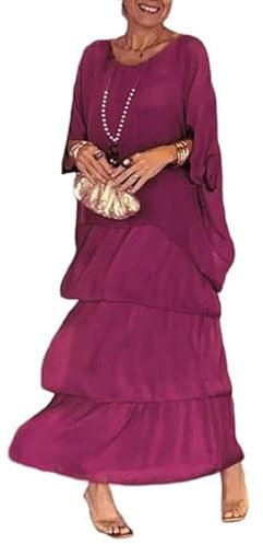 Vestido suelto de estilo artístico, vestidos largos de talla grande en capas de color sólido, vestidos largos de talla grande, vestidos largos acampanados para mujer, fucsia, S