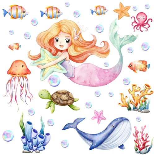 Meerjungfrau Wandtattoo, Kinderzimmer Leuchtend Wandaufkleber Mädchenzimmer Unterwasserwelt Leuchtsticker Meerjungfrau Prinzessin Leuchtaufkleber Wandsticker für Schlafzimmer Babyzimmer