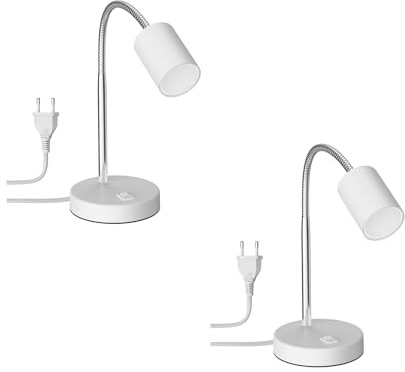 ledscom.de 2 Stück Tischleuchte WAIKA mit Schwanenhals und Schalter weiß matt, inkl. GU10 LED Lampe (warmweiß, 0,5W, 49lm)