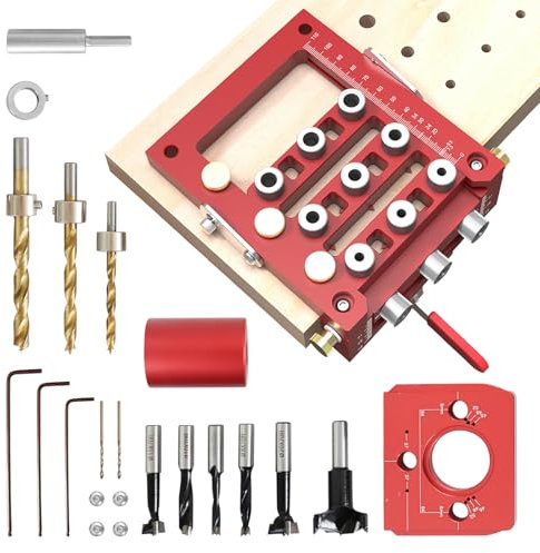 3-in-1 selbstzentrierendes Dübelvorrichtungs-Set, 6/8/10 mm Bohrvorrichtung, genaue Scharnierlochvorrichtung, verstellbare Metallregalstiftvorrichtung mit φ15 x 70R / φ10 x 70R / φ8 x 70R / φ35 x 70R