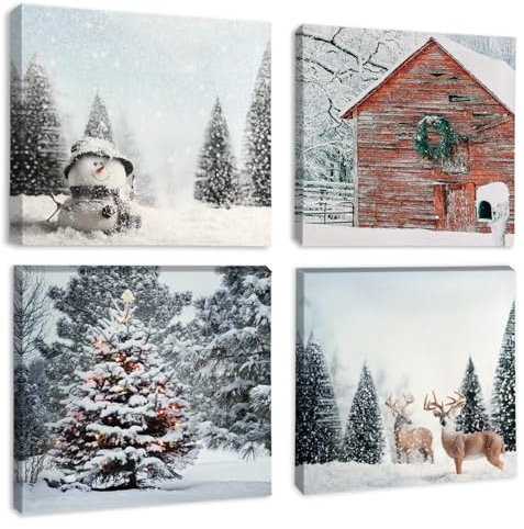 Artscope 4 Teilig Weihnachten Leinwandbilder mit Schneetag Motiv Kunstdruck - Moderne Wandbild für Badezimmer Wohnzimmer Wanddekoration - 30 x 30 cm
