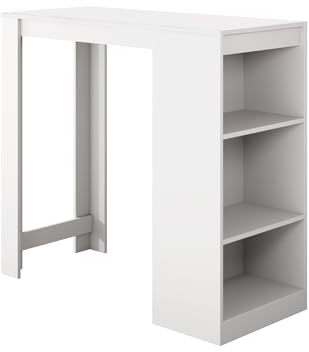 MB Muebles Bonitos, Mesa Alta Bar Kyra con 3 Estantes, Barra Cocina de Estilo Moderno, Melamina Mate, Blanco, 110x103x50 cm