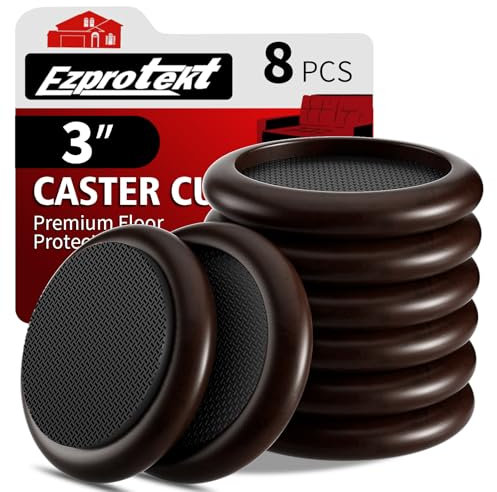 Ezprotekt 3 inch Premium EVA Castor Cups for Wooden Floors & Smooth Surfaces Φ 76 mm - Dark Brown Wood Grain - 8PCS Chair Leg Floor Protectors - Castors for Furniture - Furniture Cups