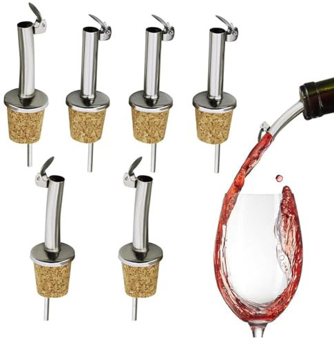 olive oil dispenser Pack of 6 Stainless Steel & Cork Olive Oil Pourer & Drizzler with Hinged Flip Top Cap Ideal for Wine, Liquor, Coffee, Syrup & Vinegar Dispenser/Bottles