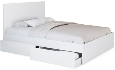 IDMarket - Doppelbett Omaha 4 Schubladen auf Rollen mit Kopfteil und Lattenrost 140 x 190 cm weiß
