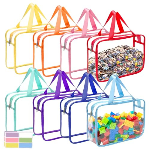 8 Packs 8 Colors Large Toy Storage Bags with Zipper and Labels, Clear PVC Waterproof Toy Organizers Bags for Board Games, Puzzles Pieces, Building Blocks, Handmade Accessories, Kid Books